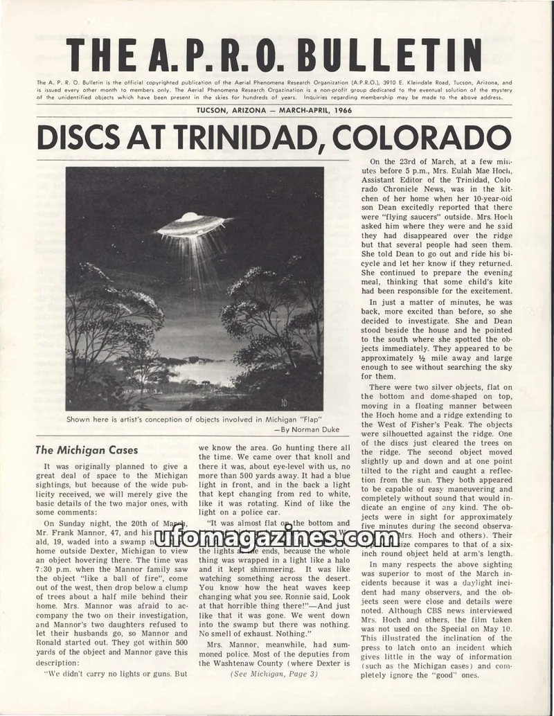 Cover of THE AERIAL PHENOMENA RESEARCH ORGANIZATION issue MARCH-APRIL, 1966: THE A. P. R. O. BULLETIN