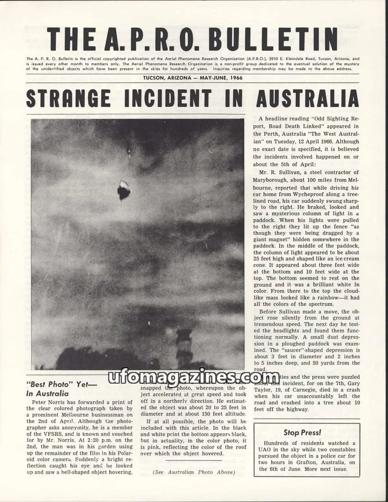 Cover of THE AERIAL PHENOMENA RESEARCH ORGANIZATION issue MAY-JUNE, 1966: THE A. P. R. O. BULLETIN