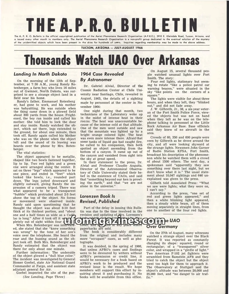 Cover of Aerial Phenomena Research Organization issue JULY-AUGUST 1966: THE A.P.R.O. BULLETIN