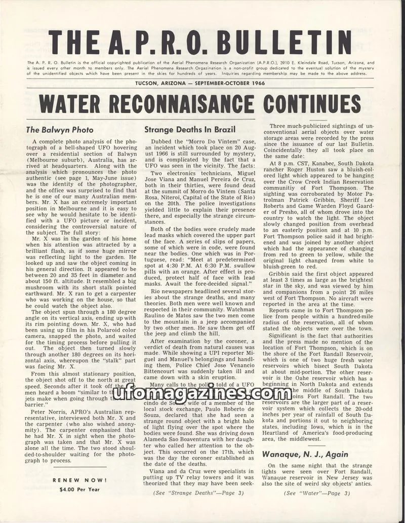 Cover of Aerial Phenomena Research Organization issue SEPTEMBER-OCTOBER 1966: THE A. P. R. O. BULLETIN