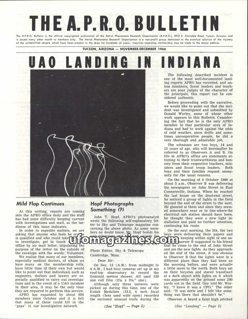 Cover of Aerial Phenomena Research Organization (A.P.R.O.) issue NOVEMBER-DECEMBER 1966: THE A.P.R.O. BULLETIN
