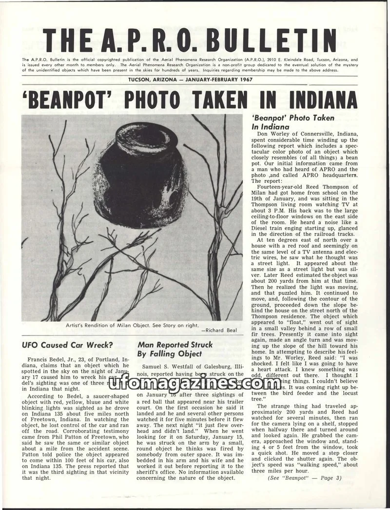Cover of AERIAL PHENOMENA RESEARCH ORGANIZATION issue JANUARY-FEBRUARY 1967: THE A.P.R.O. BULLETIN
