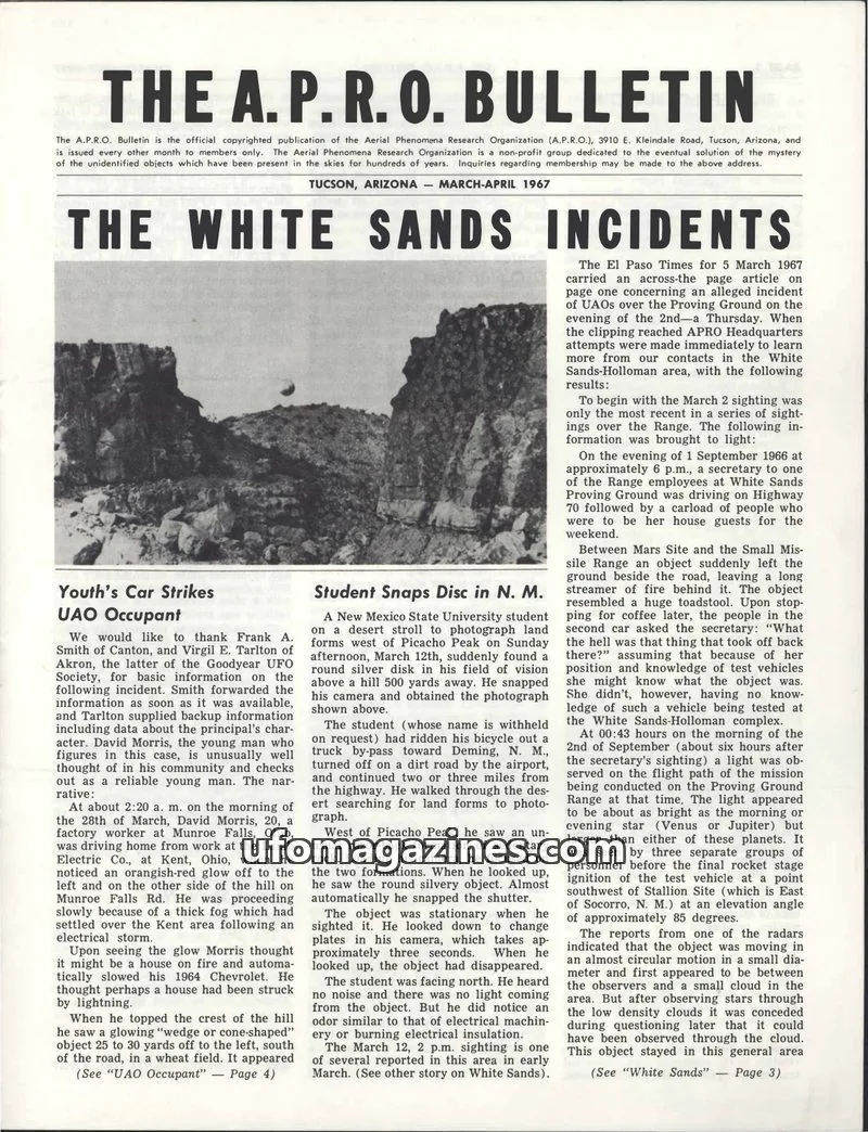 Cover of AERIAL PHENOMENA RESEARCH ORGANIZATION issue MARCH-APRIL 1967: THE A.P.R.O. BULLETIN