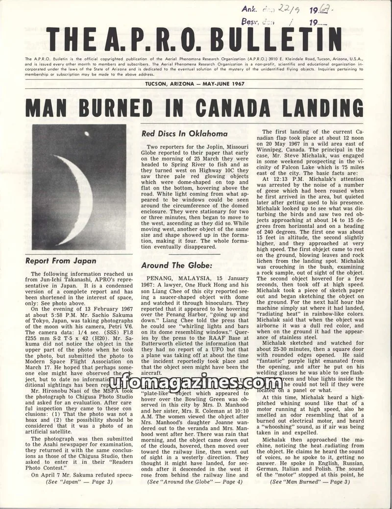 Cover of APRO issue MAY-JUNE 1967: THE A.P.R.O. BULLETIN
