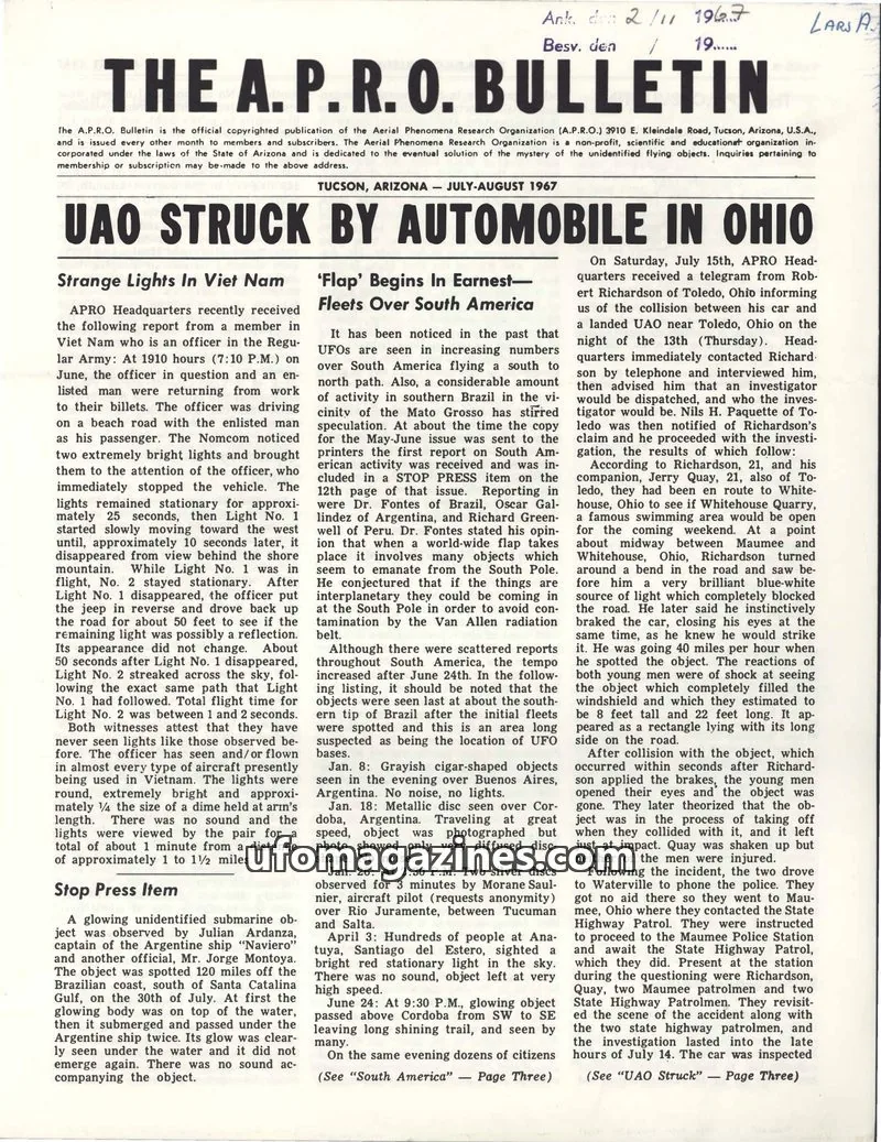 Cover of THE AERIAL PHENOMENA RESEARCH ORGANIZATION issue JULY-AUGUST 1967: THE A.P.R.O. BULLETIN