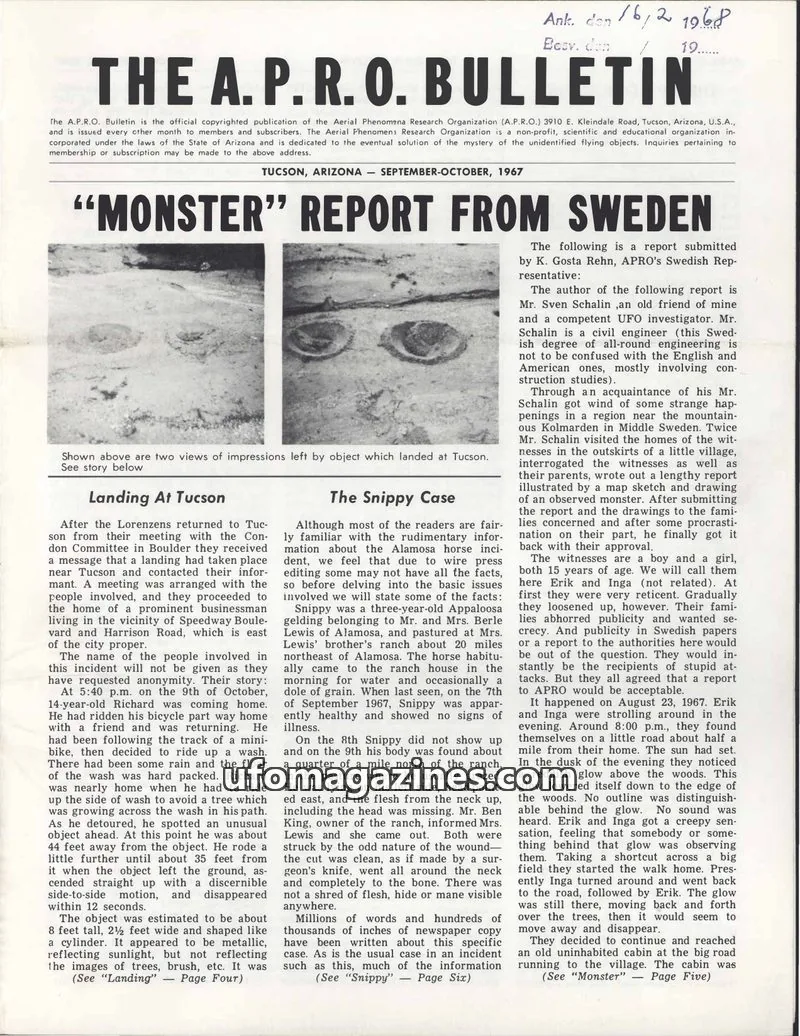 Cover of THE AERIAL PHENOMENA RESEARCH ORGANIZATION issue SEPTEMBER-OCTOBER, 1967: THE A.P.R.O. BULLETIN