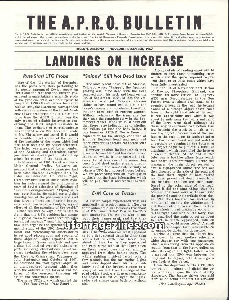Cover of THE AERIAL PHENOMENA RESEARCH ORGANIZATION issue NOVEMBER-DECEMBER, 1967: THE A.P.R.O. BULLETIN