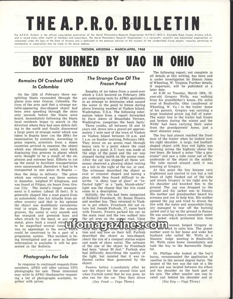 Cover of Aerial Phenomena Research Organization issue March-April, 1968: The A.P.R.O. Bulletin