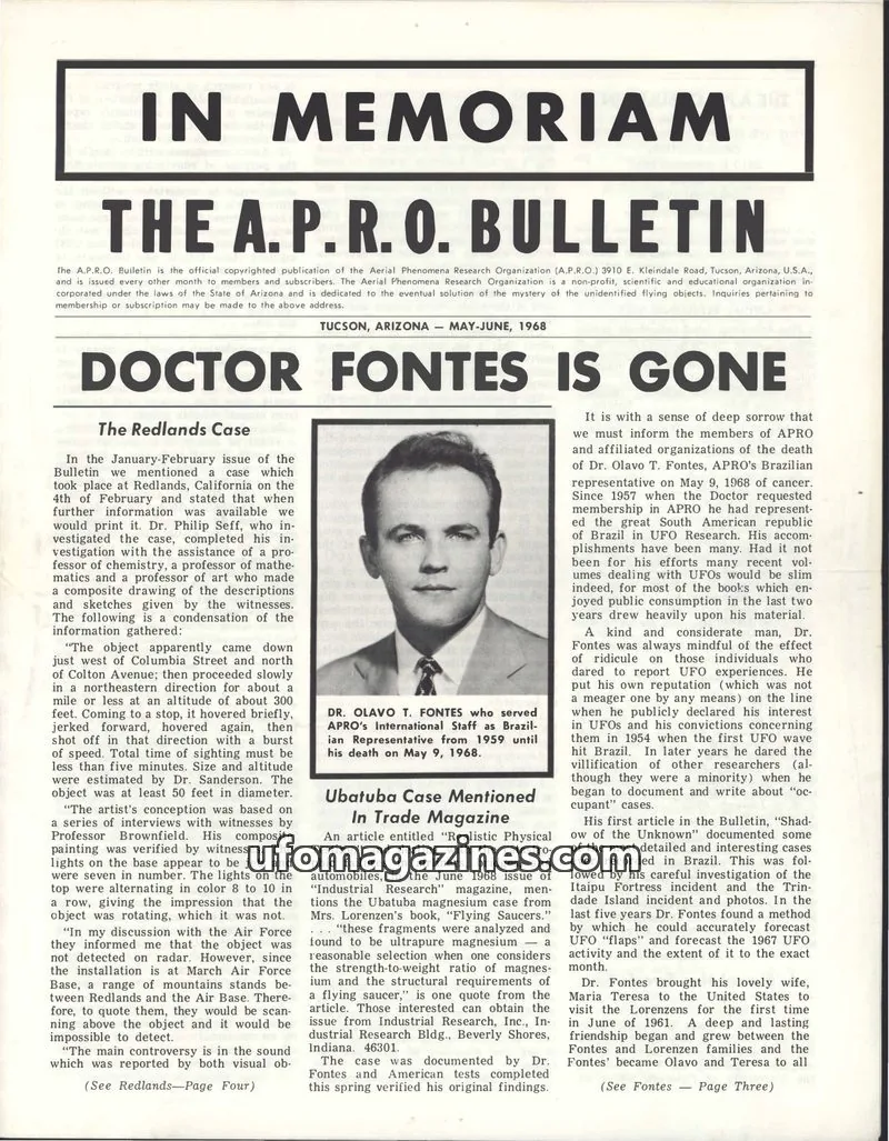 Cover of AERIAL PHENOMENA RESEARCH ORGANIZATION issue MAY-JUNE, 1968: THE A.P.R.O. BULLETIN