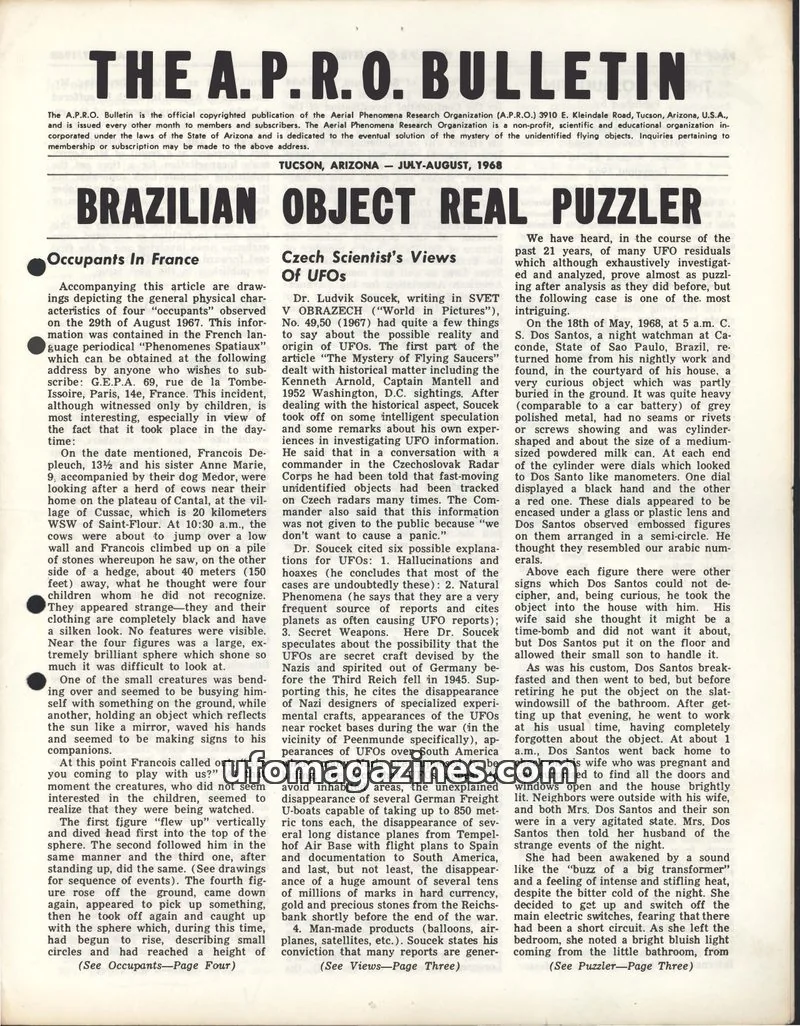 Cover of THE AERIAL PHENOMENA RESEARCH ORGANIZATION issue JULY-AUGUST, 1968: THE A.P.R.O. BULLETIN