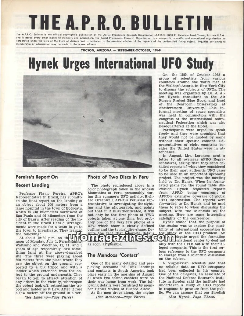 Cover of THE AERIAL PHENOMENA RESEARCH ORGANIZATION issue SEPTEMBER-OCTOBER, 1968: THE A.P.R.O. BULLETIN