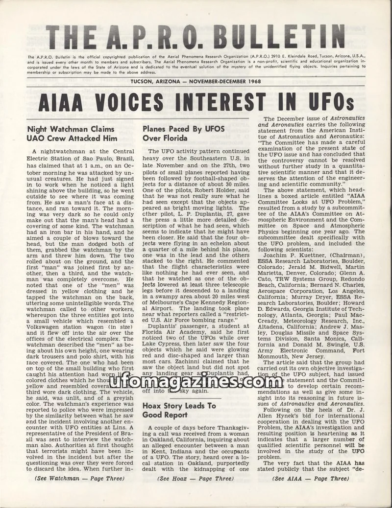 Cover of THE AERIAL PHENOMENA RESEARCH ORGANIZATION issue NOVEMBER-DECEMBER 1968: THE A.P.R.O. BULLETIN