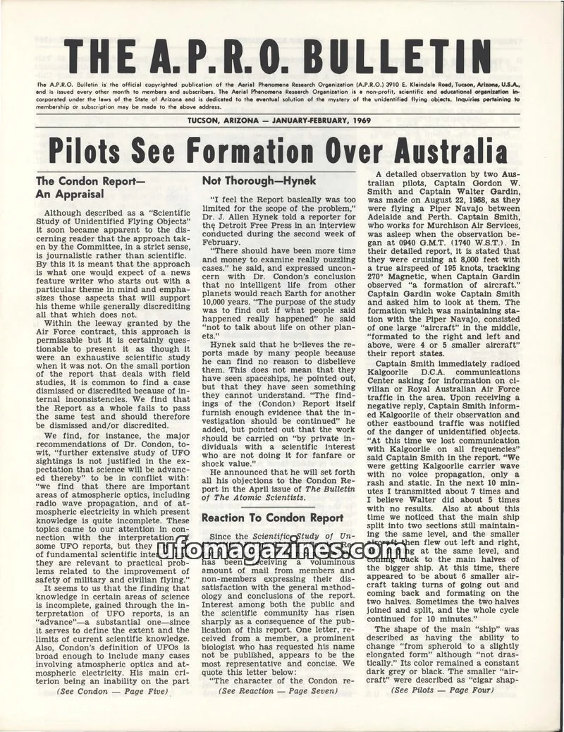 Cover of AERIAL PHENOMENA RESEARCH ORGANIZATION (A.P.R.O.) issue JANUARY-FEBRUARY, 1969: THE A.P.R.O. BULLETIN