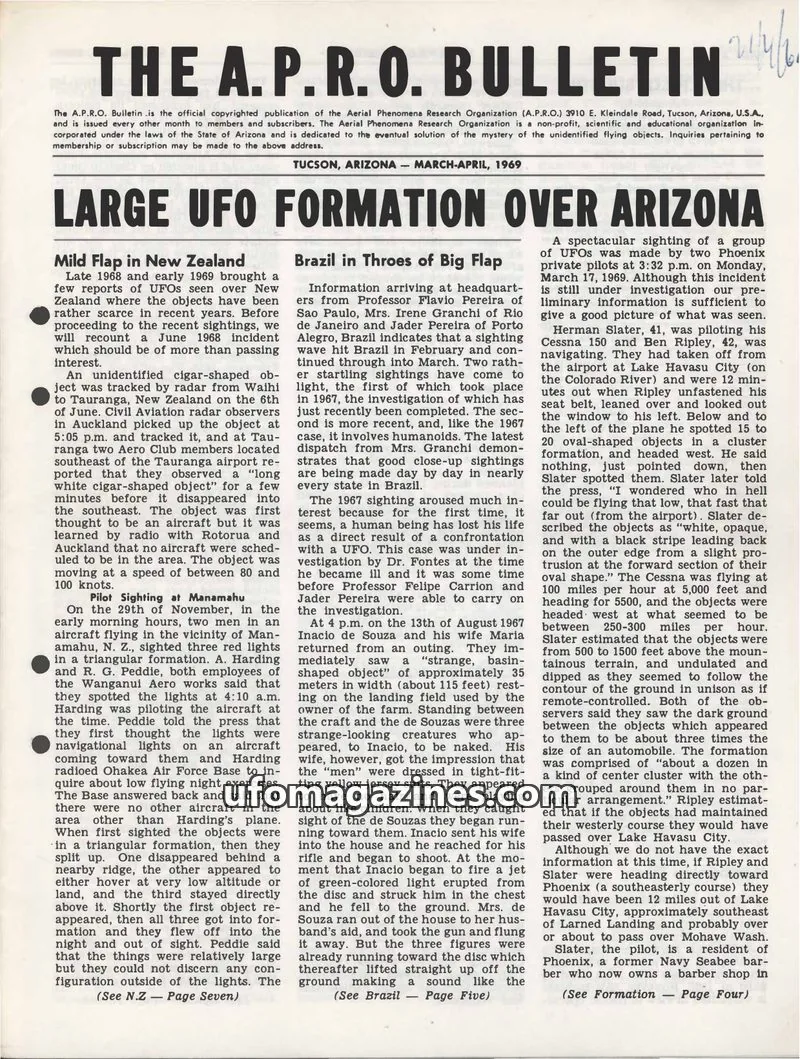 Cover of The Aerial Phenomena Research Organization issue March-April, 1969: The A.P.R.O. Bulletin
