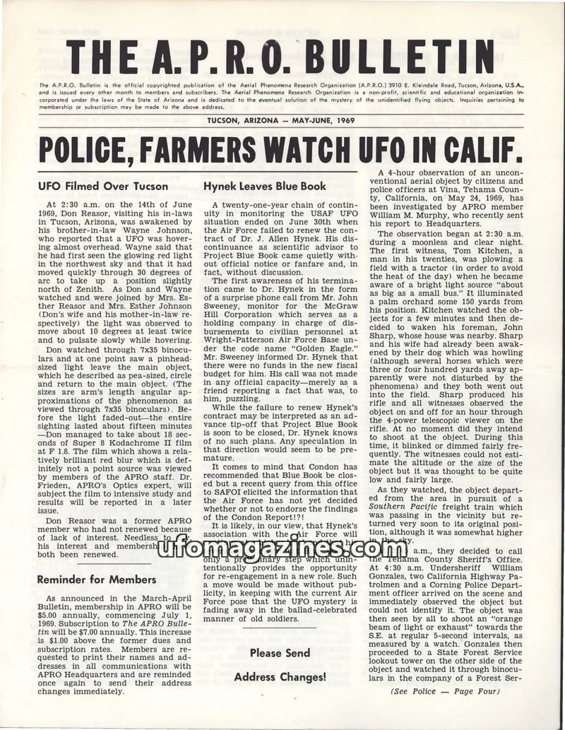 Cover of THE AERIAL PHENOMENA RESEARCH ORGANIZATION issue MAY-JUNE, 1969: THE A.P.R.O. BULLETIN