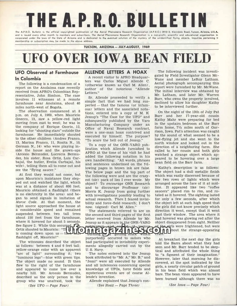 Cover of The Aerial Phenomena Research Organization (A.P.R.O.) issue JULY-AUGUST, 1969: THE A.P.R.O. BULLETIN