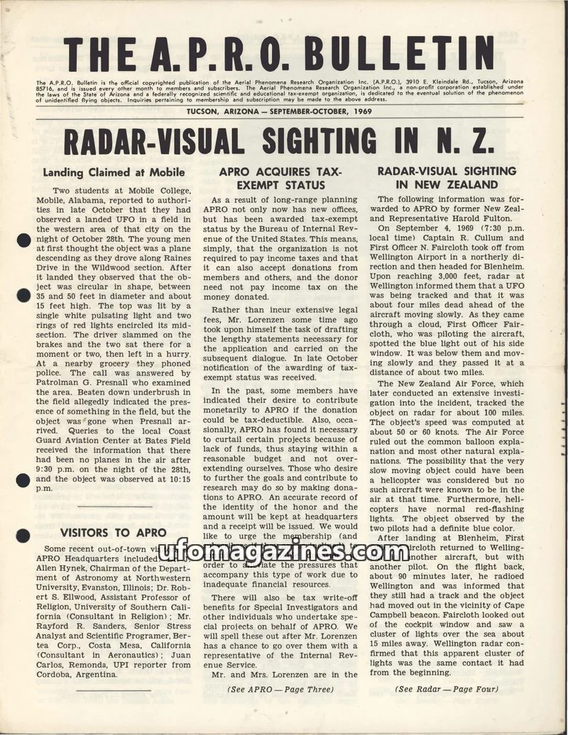Cover of Aerial Phenomena Research Organization Inc. (A.P.R.O.) issue September-October, 1969: The A.P.R.O. Bulletin