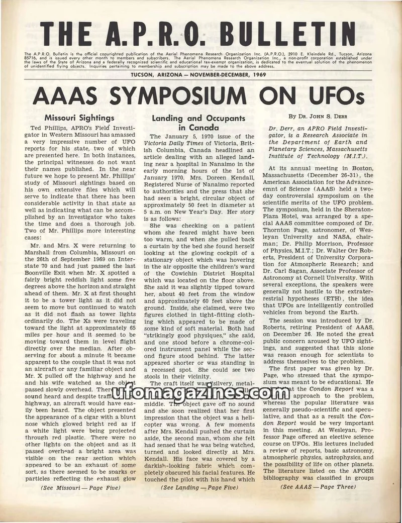 Cover of THE AERIAL PHENOMENA RESEARCH ORGANIZATION INC. issue NOVEMBER-DECEMBER, 1969: THE A.P.R.O. BULLETIN