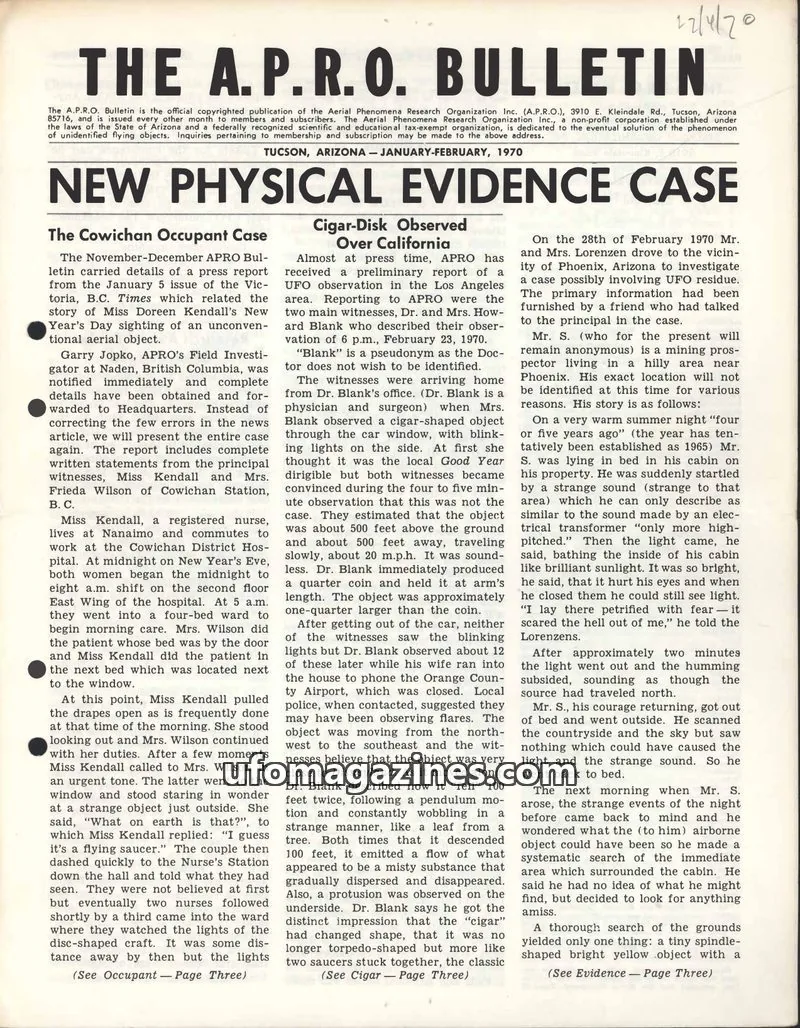Cover of THE AERIAL PHENOMENA RESEARCH ORGANIZATION, INC. issue JANUARY-FEBRUARY, 1970: THE A.P.R.O. BULLETIN