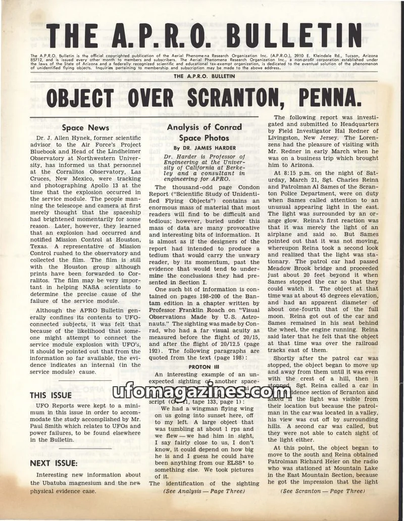Cover of THE AERIAL PHENOMENA RESEARCH ORGANIZATION, INC. issue March-April, 1970: THE A.P.R.O. BULLETIN