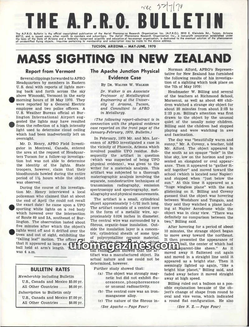Cover of THE AERIAL PHENOMENA RESEARCH ORGANIZATION, INC. issue MAY-JUNE, 1970: THE A.P.R.O. BULLETIN