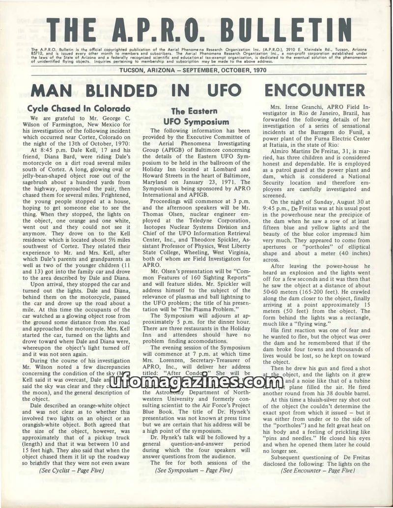Cover of AERIAL PHENOMENA RESEARCH ORGANIZATION, INC. issue September-October, 1970: THE A.P.R.O. BULLETIN