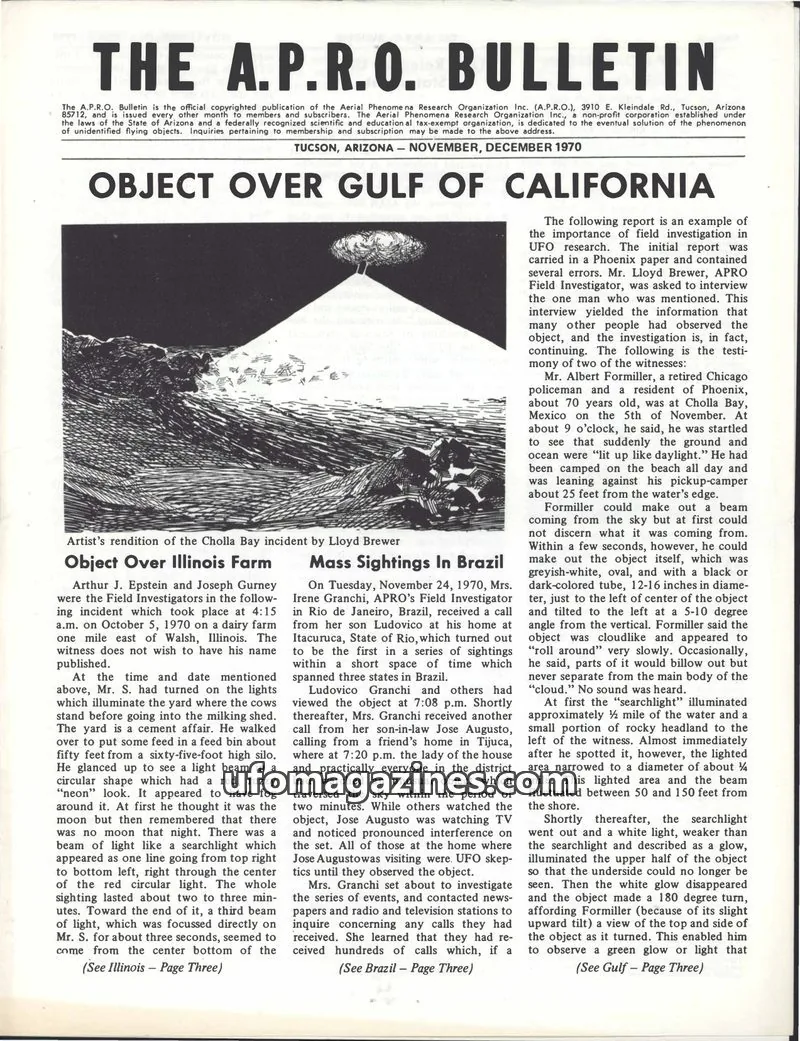 Cover of Aerial Phenomena Research Organization Inc. (A.P.R.O.) issue November, December 1970: THE A.P.R.O. BULLETIN