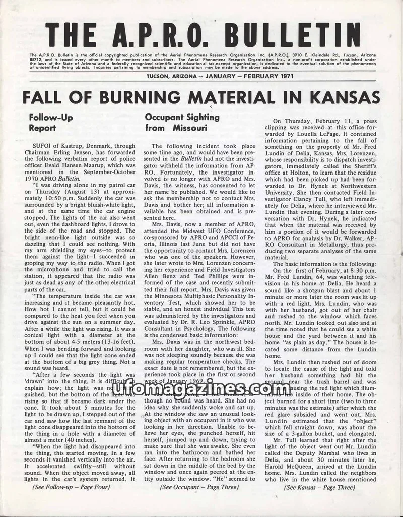 Cover of AERIAL PHENOMENA RESEARCH ORGANIZATION, INC. issue JANUARY - FEBRUARY 1971: THE A.P.R.O. BULLETIN