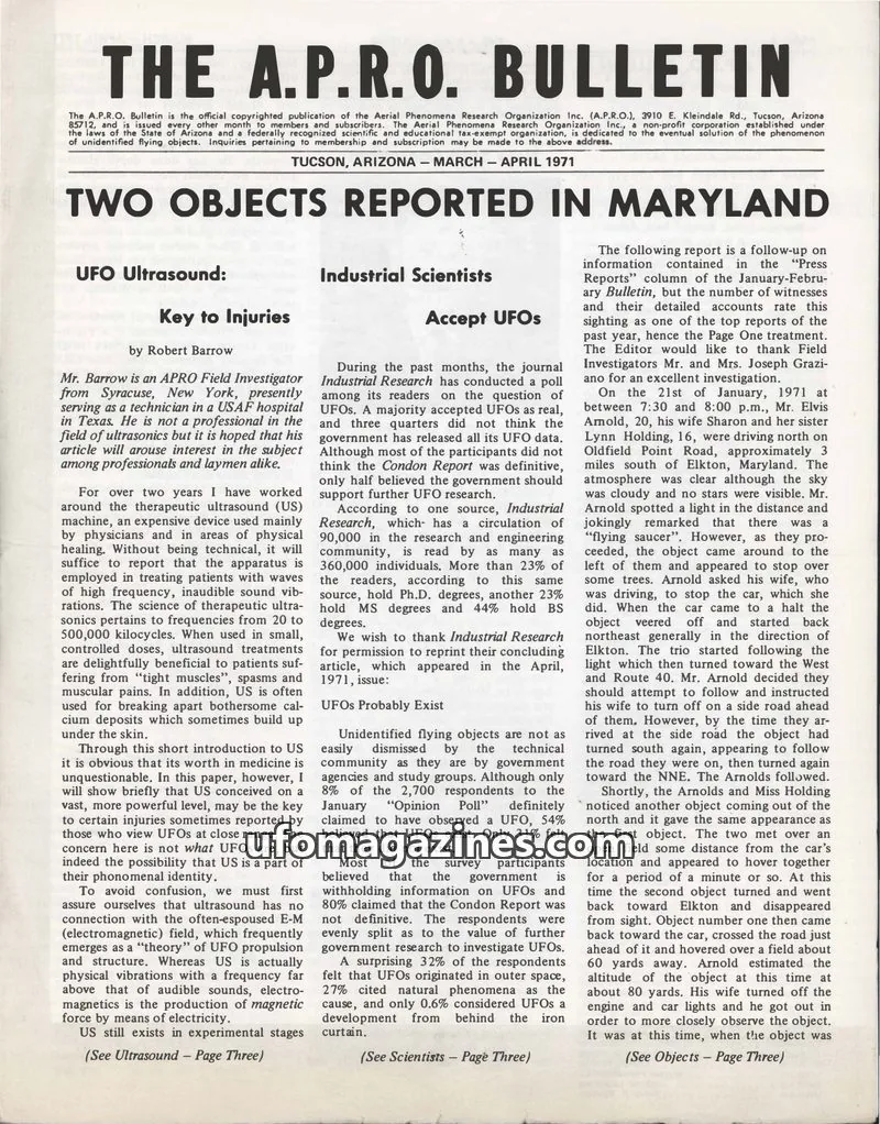 Cover of AERIAL PHENOMENA RESEARCH ORGANIZATION, INC. issue MARCH - APRIL 1971: THE A.P.R.O. BULLETIN