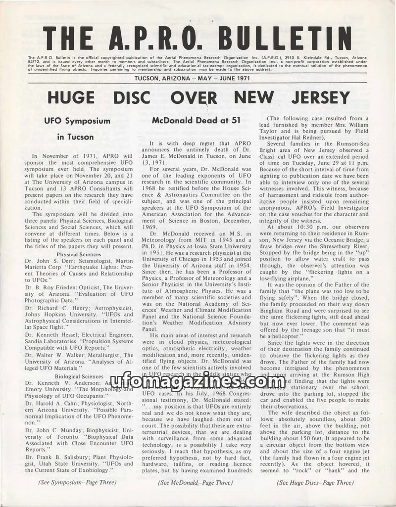 Cover of Aerial Phenomena Research Organization Inc. (A.P.R.O.) issue MAY - JUNE 1971: THE A.P.R.O. BULLETIN
