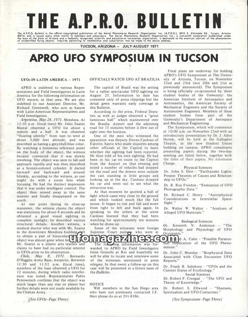 Cover of Aerial Phenomena Research Organization Inc. (A.P.R.O.) issue JULY-AUGUST 1971: THE A.P.R.O. BULLETIN