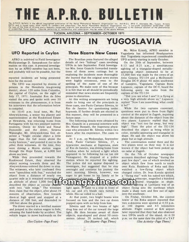 Cover of Aerial Phenomena Research Organization, Inc. (A.P.R.O.) issue SEPTEMBER-OCTOBER 1971: THE A.P.R.O. BULLETIN