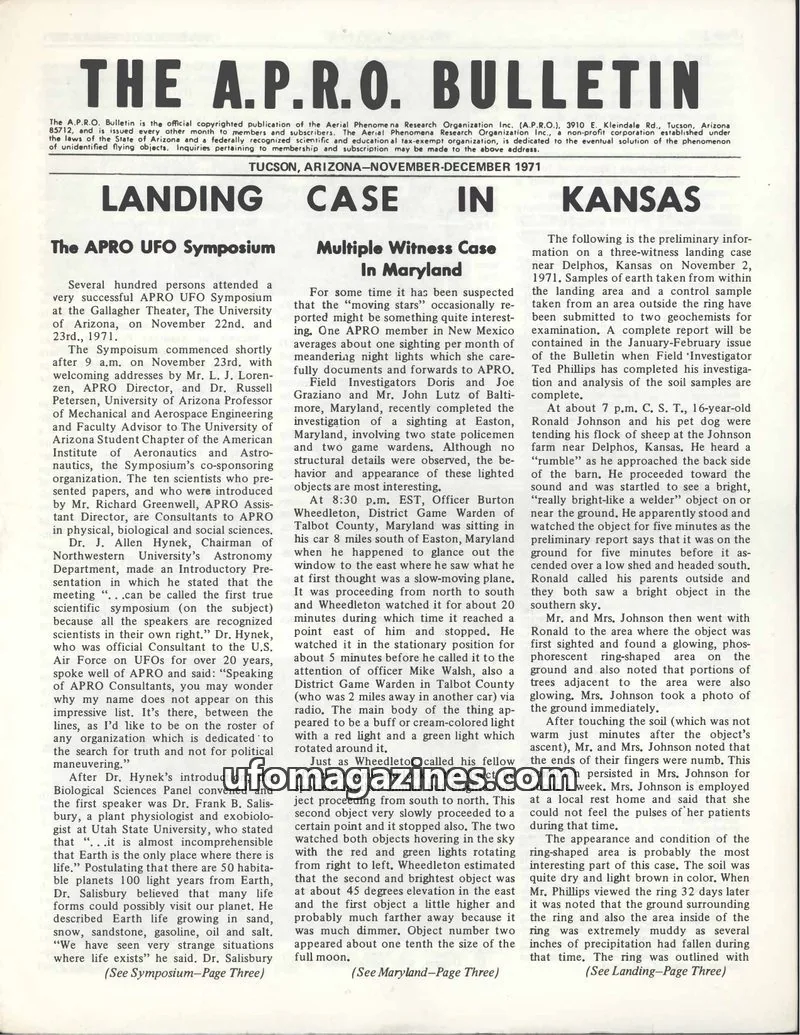 Cover of AERIAL PHENOMENA RESEARCH ORGANIZATION INC. (A.P.R.O.) issue November-December 1971: THE A.P.R.O. BULLETIN