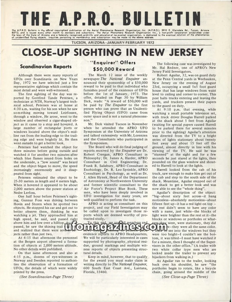 Cover of AERIAL PHENOMENA RESEARCH ORGANIZATION, INC. issue JANUARY-FEBRUARY 1972: THE A.P.R.O. BULLETIN