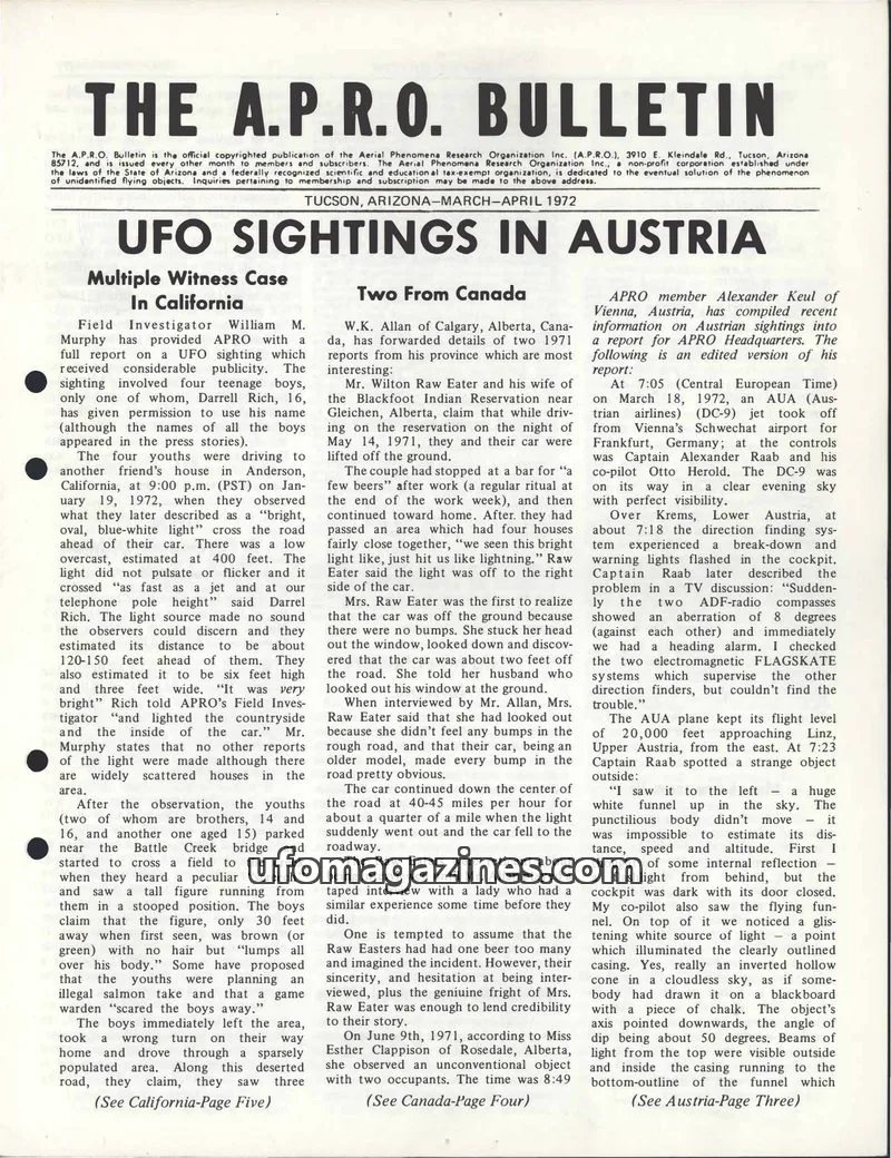 Cover of AERIAL PHENOMENA RESEARCH ORGANIZATION, INC. issue MARCH-APRIL 1972: THE A.P.R.O. BULLETIN