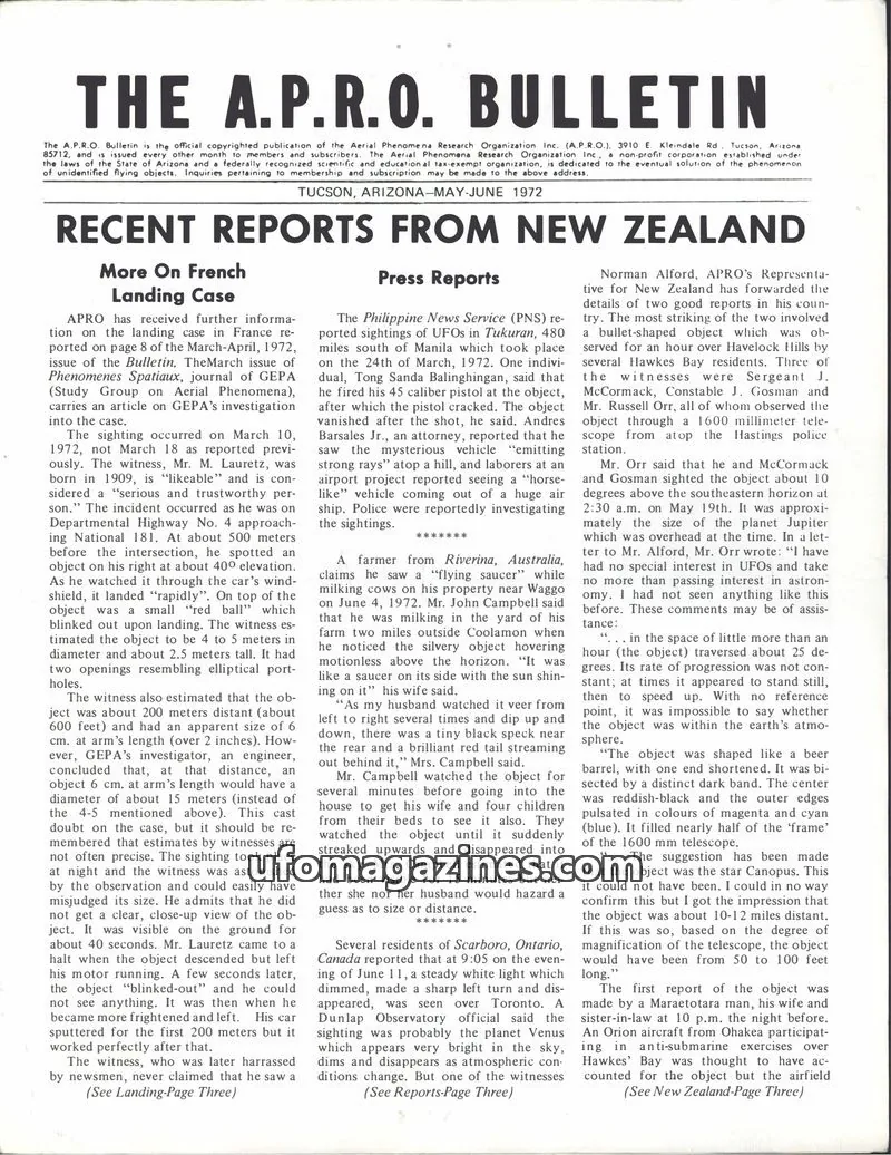 Cover of AERIAL PHENOMENA RESEARCH ORGANIZATION, INC. issue MAY-JUNE 1972: THE A.P.R.O. BULLETIN