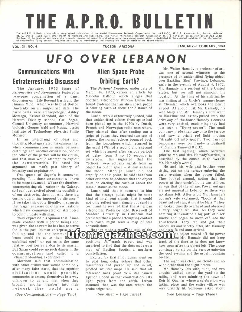 Cover of AERIAL PHENOMENA RESEARCH ORGANIZATION INC. (A.P.R.O.) issue VOL. 21, NO. 4: THE A.P.R.O. BULLETIN