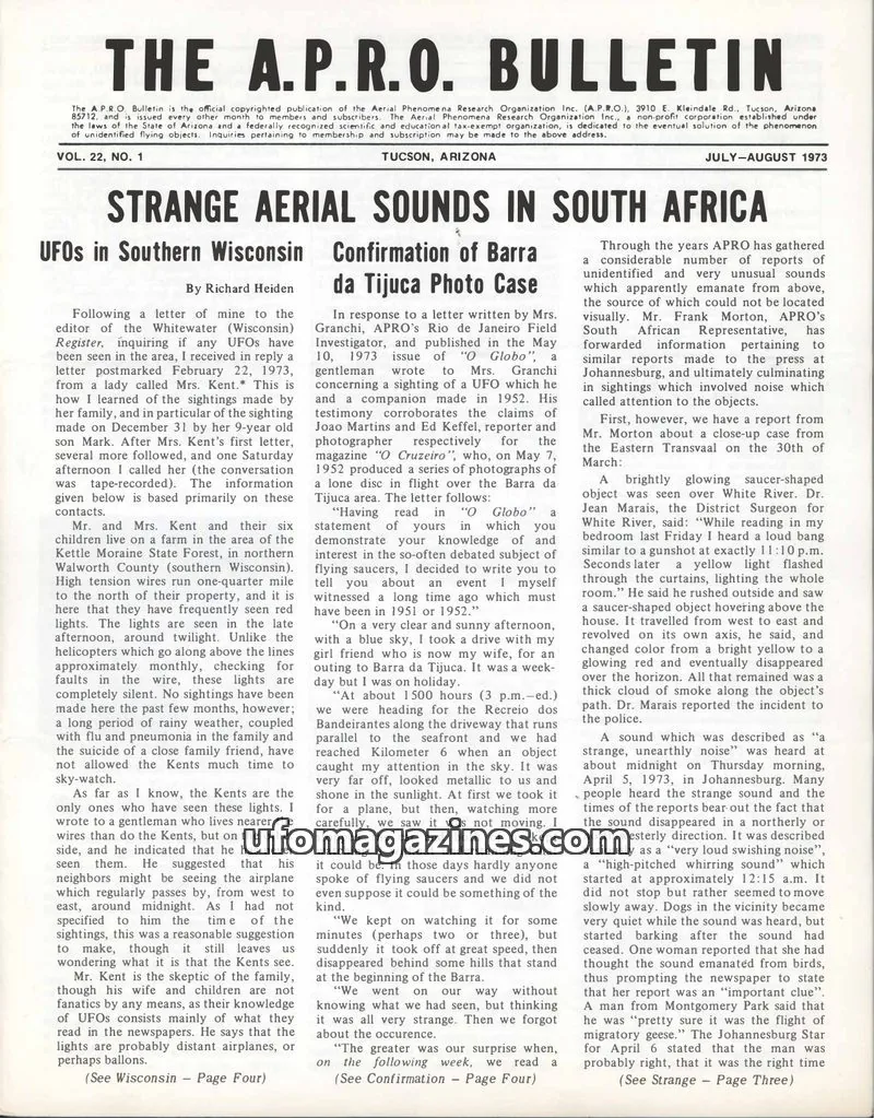 Cover of AERIAL PHENOMENA RESEARCH ORGANIZATION INC. issue VOL. 22, NO. 1: THE A.P.R.O. BULLETIN
