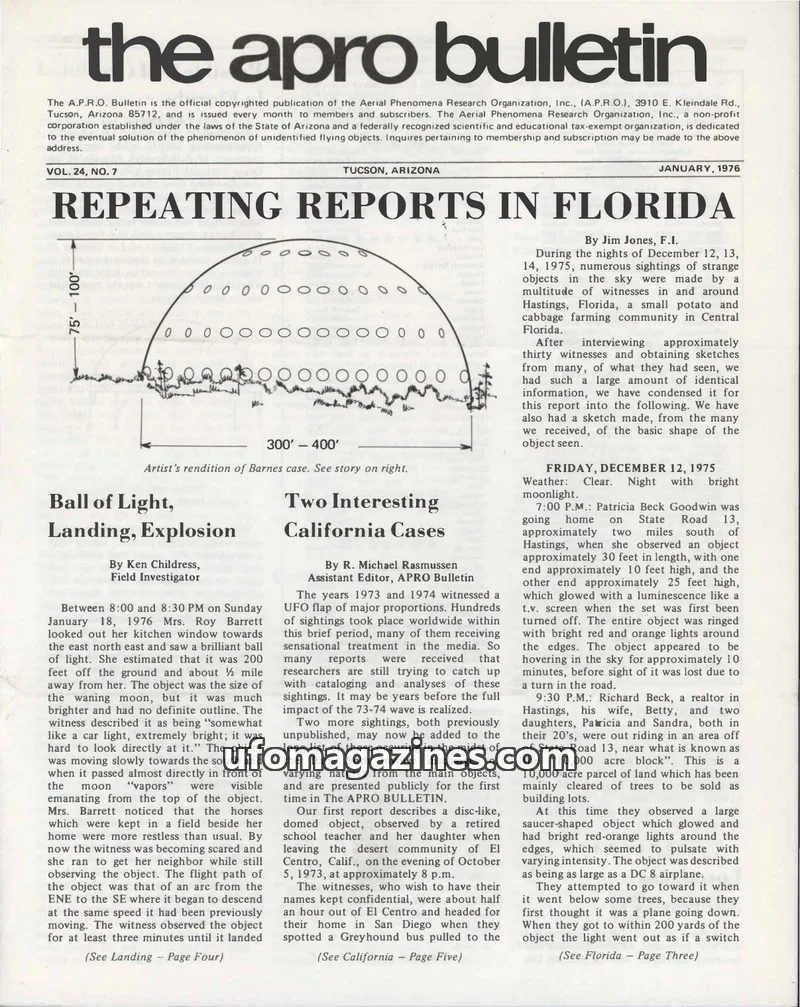 Cover of The Aerial Phenomena Research Organization, Inc. (A.P.R.O.) issue VOL. 24, NO. 7: the apro bulletin