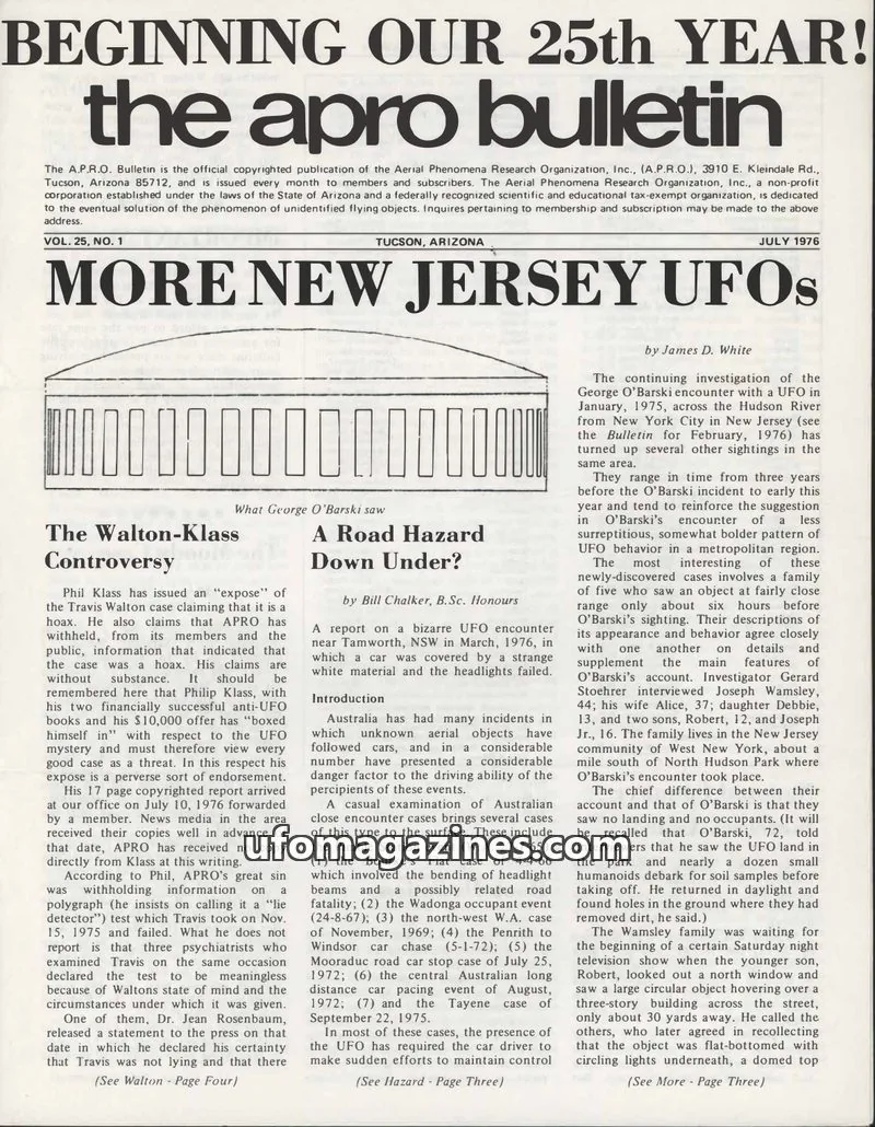 Cover of Aerial Phenomena Research Organization, Inc. (A.P.R.O.) issue VOL. 25, NO. 1: the apro bulletin