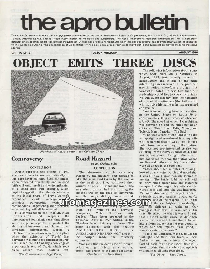 Cover of AERIAL PHENOMENA RESEARCH ORGANIZATION, INC. issue VOL. 25, NO. 2: the apro bulletin