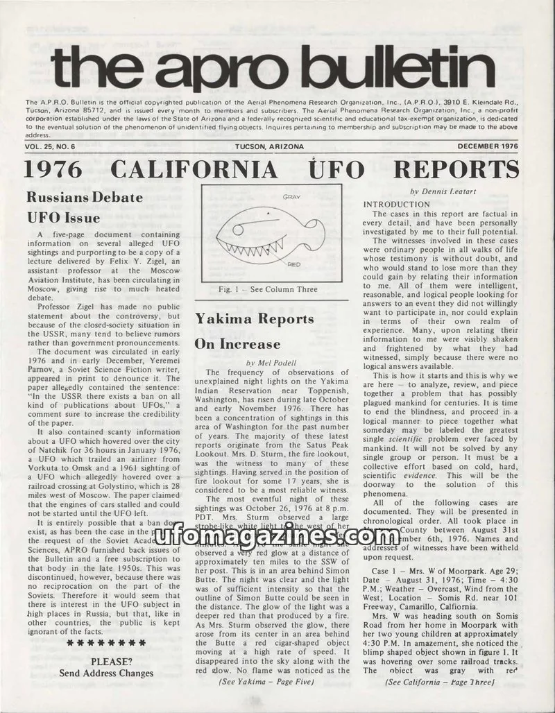 Cover of Aerial Phenomena Research Organization, Inc. issue VOL. 25, NO. 6: the apro bulletin