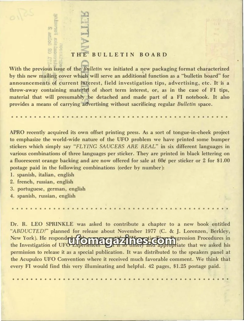 Cover of Aerial Phenomena Research Organization, Inc. (APRO) issue 25, NO. 10: The APRO Bulletin