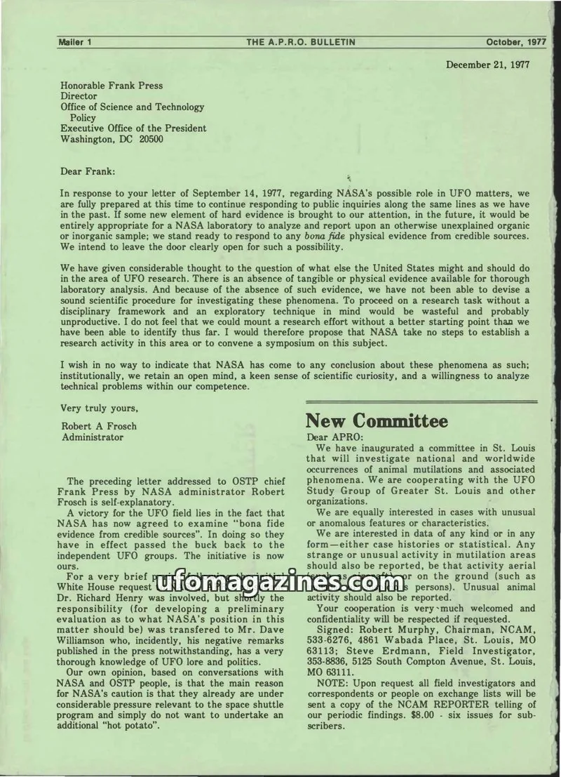Cover of AERIAL PHENOMENA RESEARCH ORGANIZATION, INC. issue VOL. 26, NO. 4: THE A.P.R.O. BULLETIN