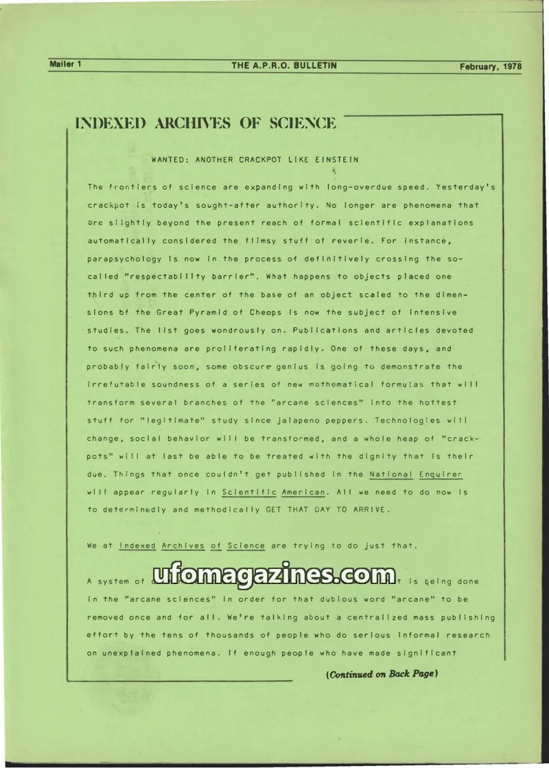Cover of AERIAL PHENOMENA RESEARCH ORGANIZATION, INC. issue VOL. 26, NO. 8: THE A.P.R.O. BULLETIN
