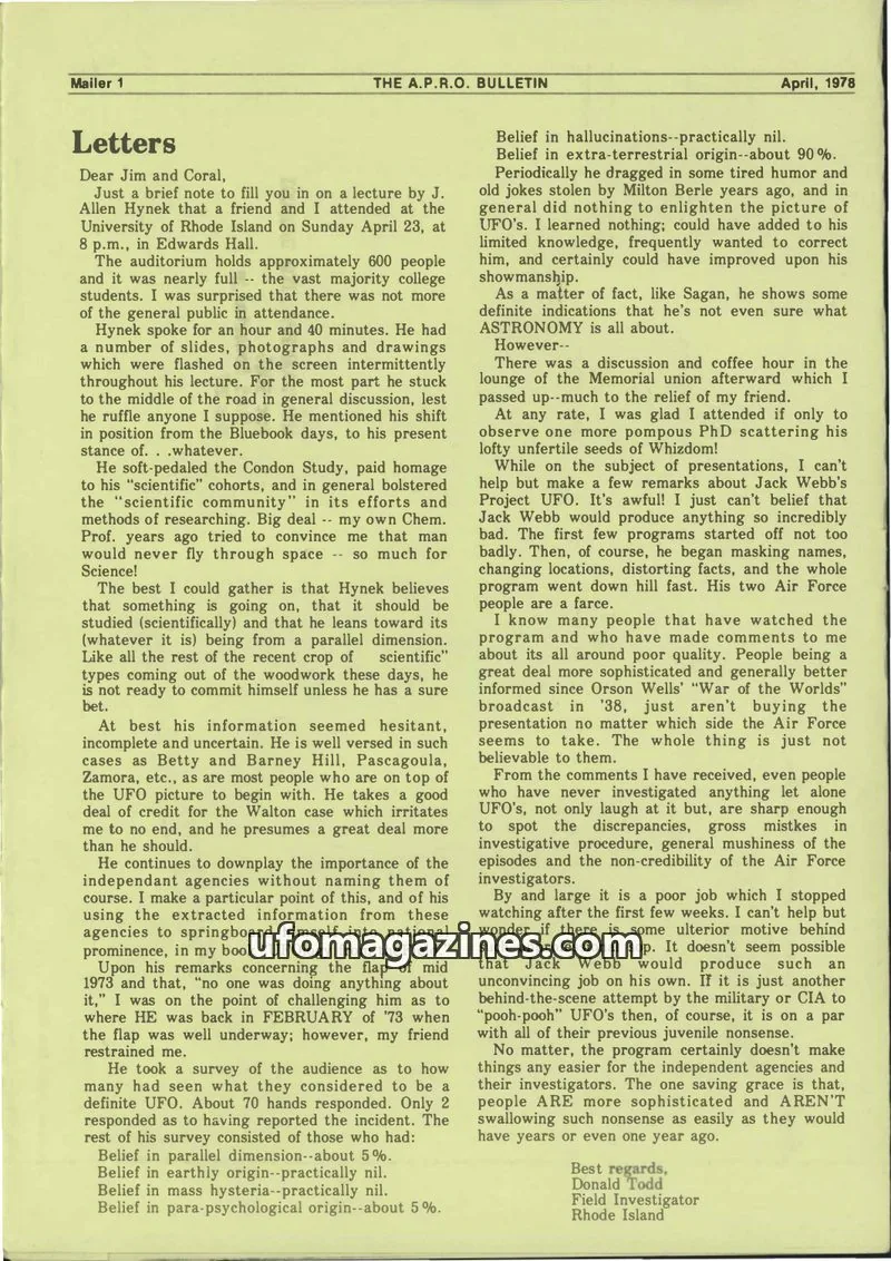 Cover of AERIAL PHENOMENA RESEARCH ORGANIZATION, INC. issue Vol. 26, No. 10: THE A.P.R.O. BULLETIN