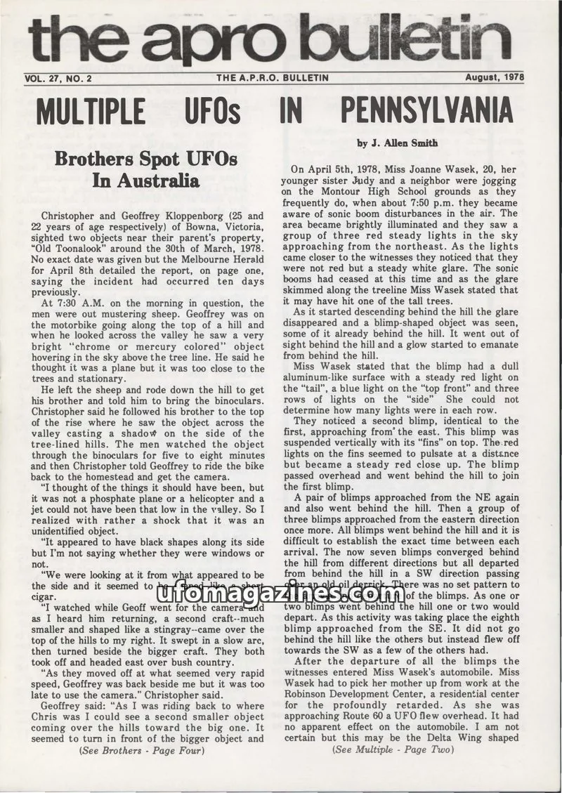 Cover of APRO Bulletin issue 27, NO. 2: The APRO Bulletin