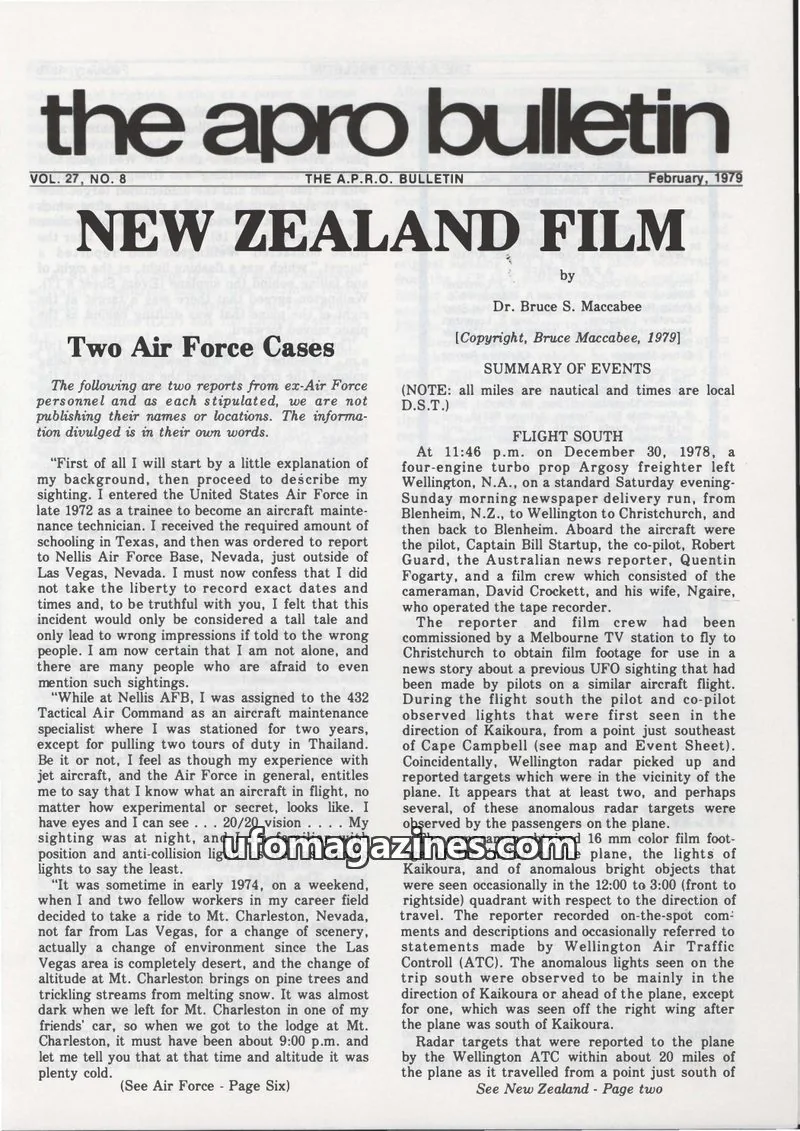 Cover of APRO Bulletin issue VOL. 27, NO. 8: THE A.P.R.O. BULLETIN