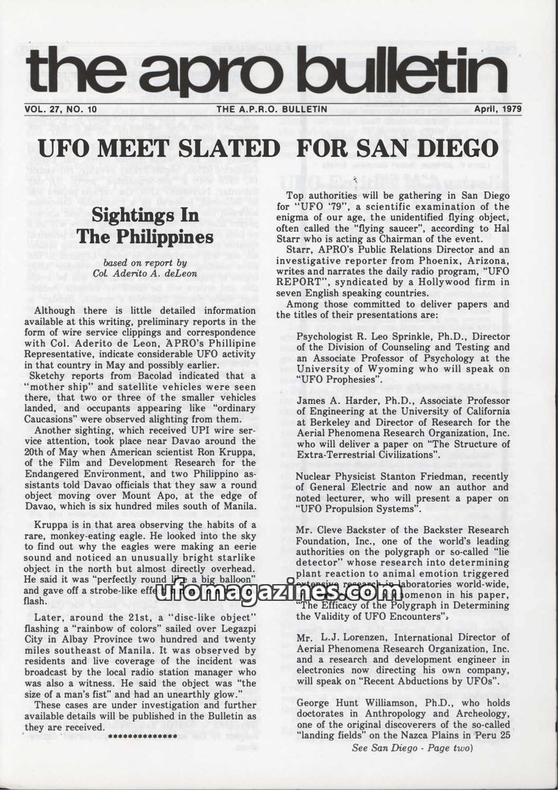 Cover of APRO Bulletin - 1979 04 00 - Vol 27 No 10