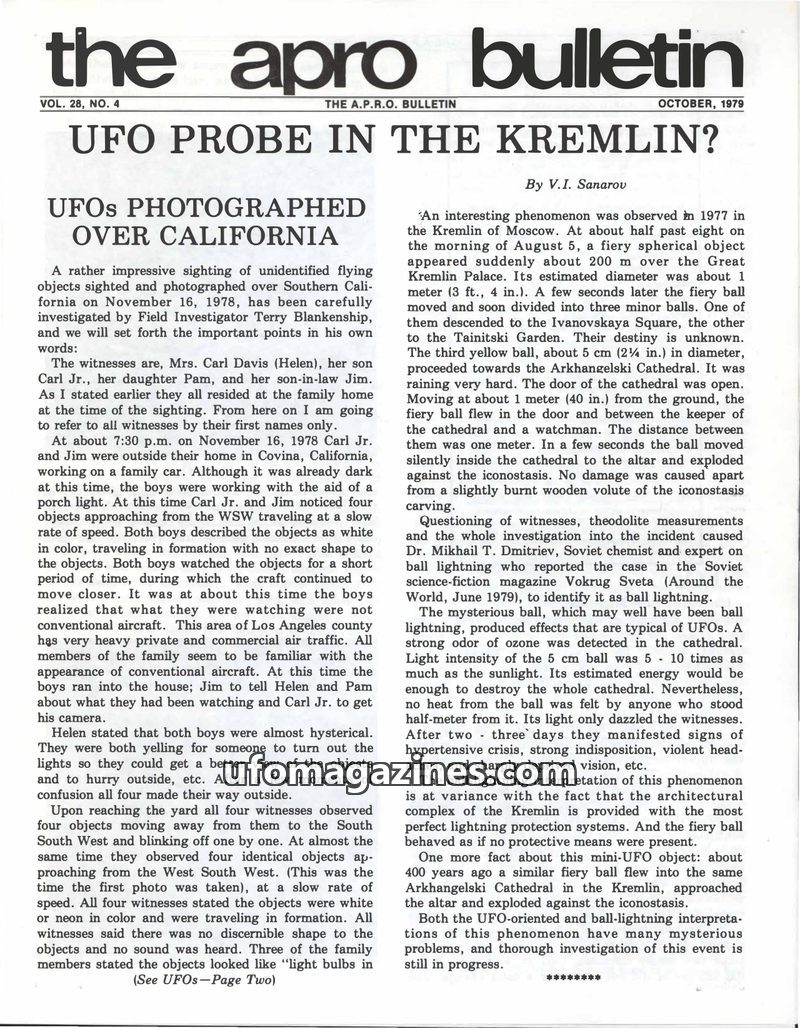 Cover of APRO Bulletin - 1979 10 00 - Vol 28 No 4